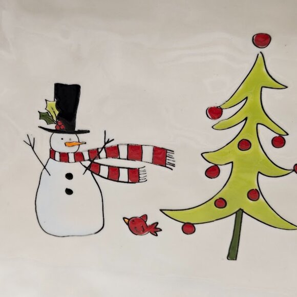 LANG Ceramic Rectangular Whimsy Winter Platter Hand Painted Christmas Snowman - Picture 2 of 11